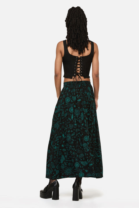 Spellbook Goth Print Midi Skirt