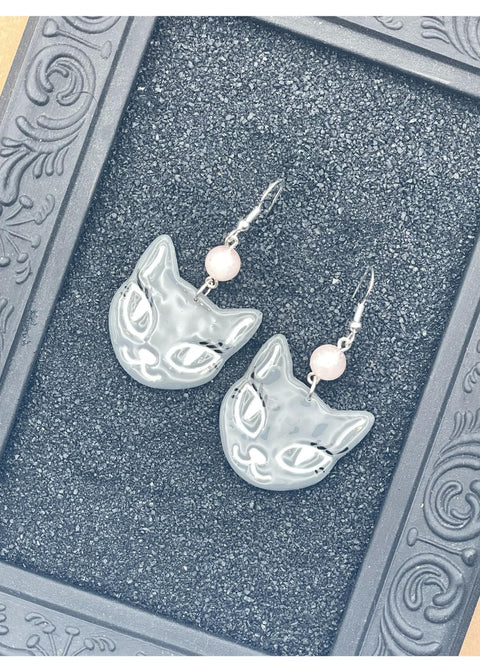 Pretty Kitty Cat Face Earrings with Rose Quartz