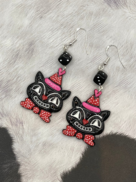 Retro Black Cat with Party Hat Earrings
