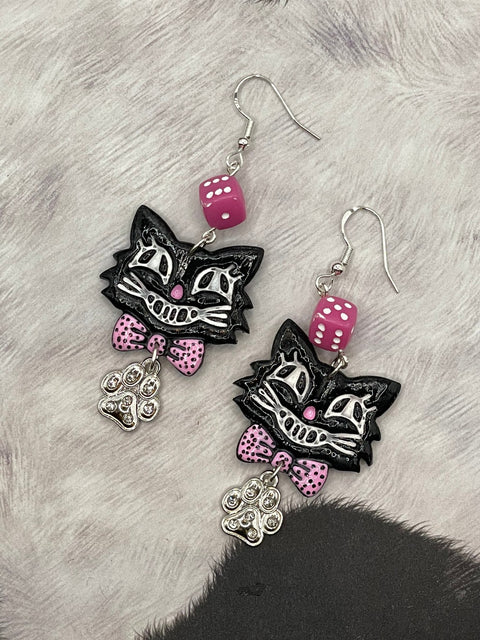 Retro Black Cat with Sparkle Paw Earrings