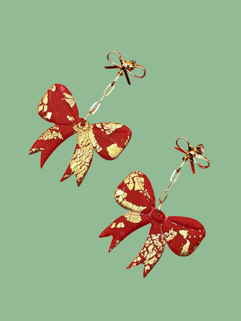 Red & Gold Bow Earrings