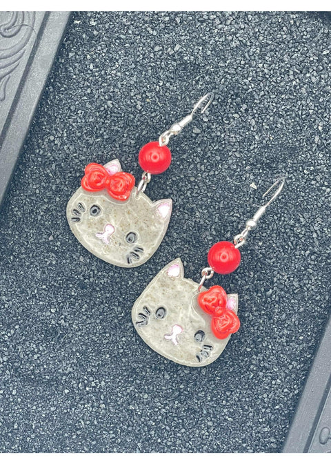 Kitty Cat with Red Bow Earrings