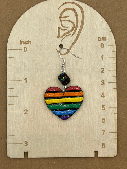 Rainbow Heart with Black Dice Earrings
