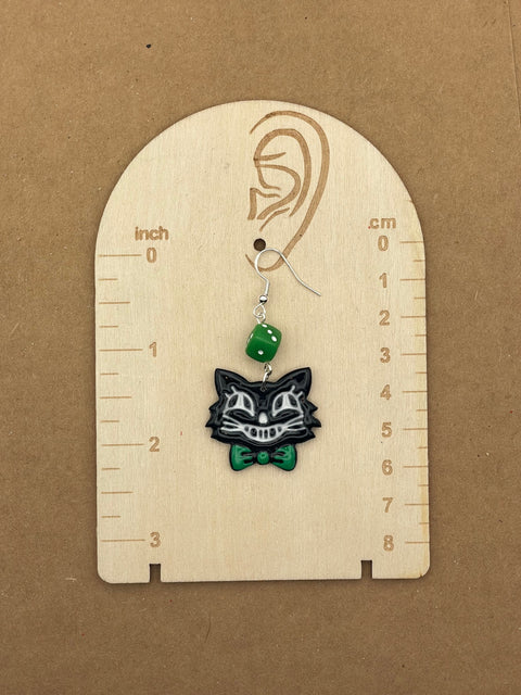 Holiday Retro Cat with Green Bowtie Dice Earrings
