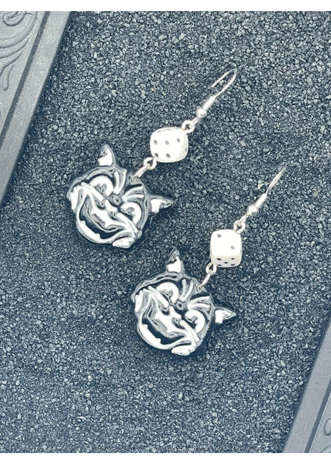 Retro Black Cat with White Dice Earrings